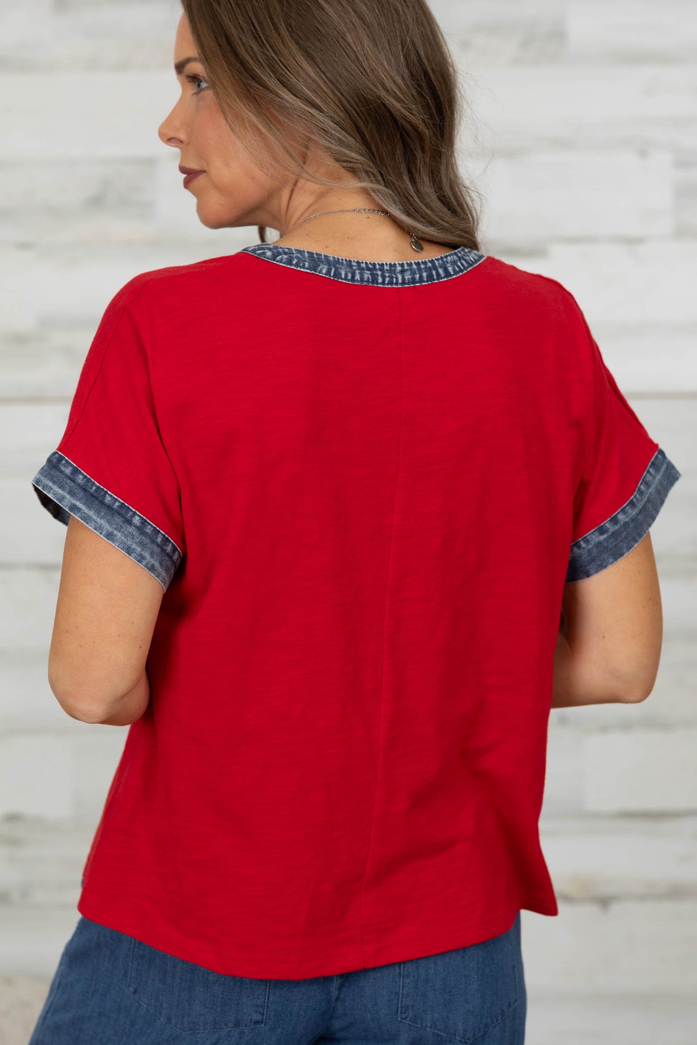 Red Relaxed Fit Denim Trim V-Neck Woven Top