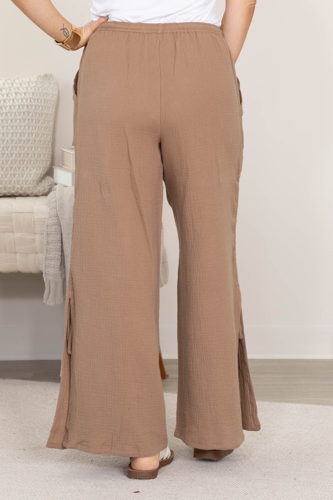 Mocha Gauze Pants With Side Cinched Ties