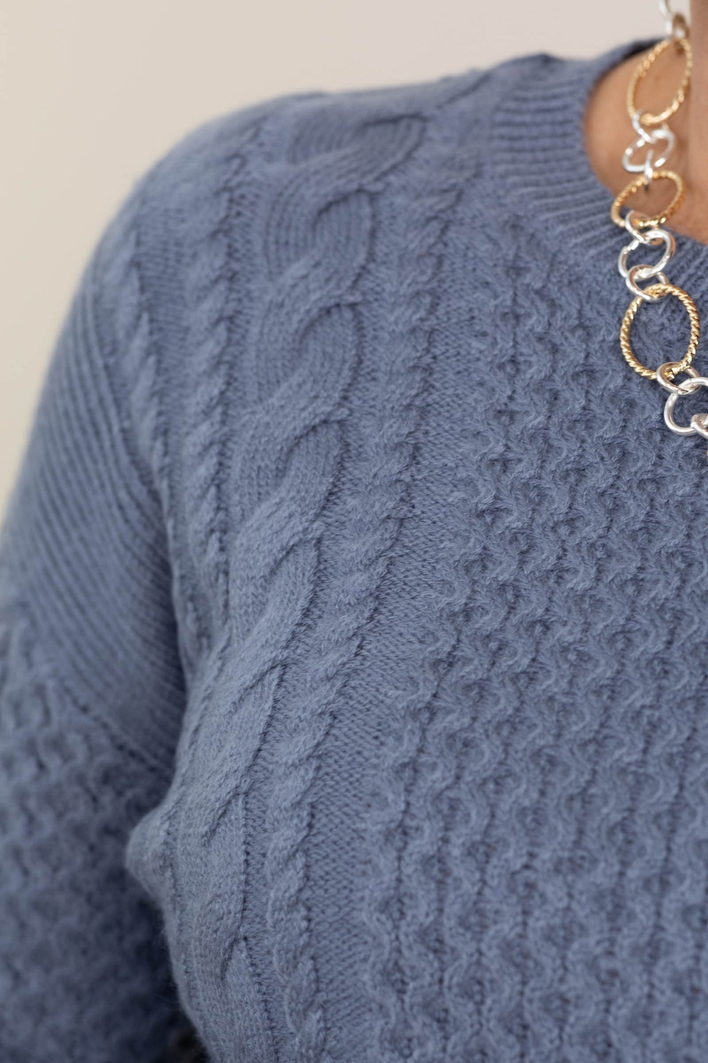 Slate Blue Classic Cable Knit Crewneck Sweater