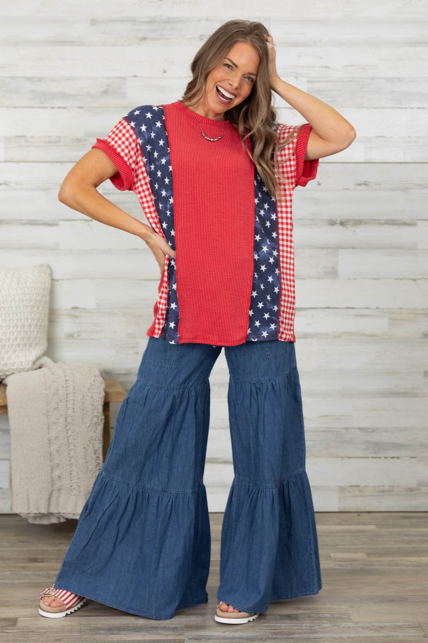 Red Ribbed Contrast Stars And Plaid Knit Top