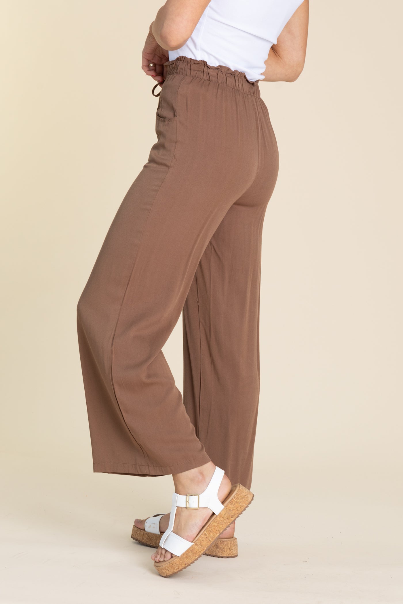Brown Elastic Waist Wide Leg Pants