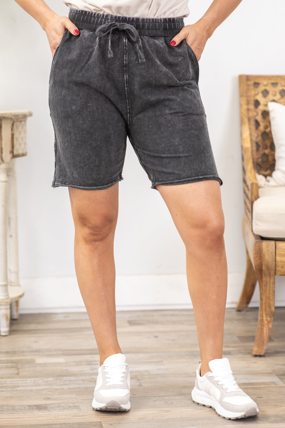 Rose Red Mineral Washed Drawstring Elastic Waist Raw Cut Shorts main image 0
