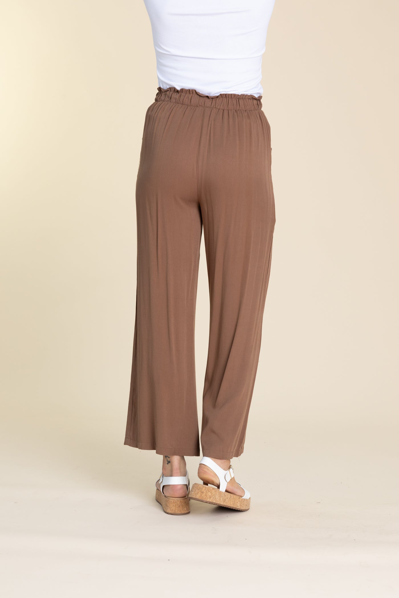 Brown Elastic Waist Wide Leg Pants