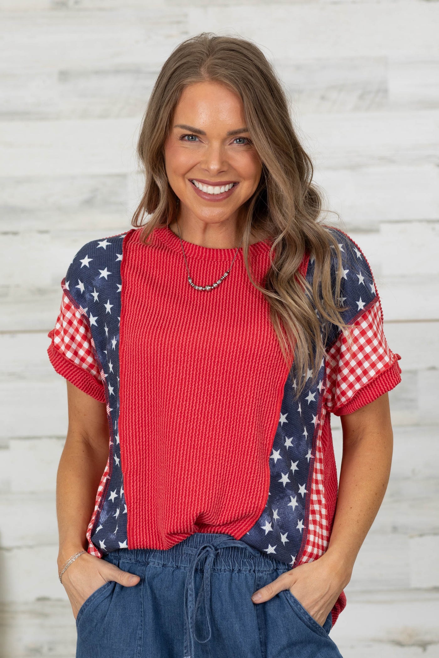 Red Ribbed Contrast Stars And Plaid Knit Top