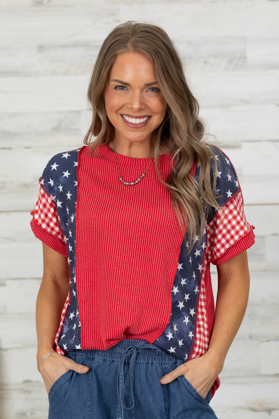 Red Ribbed Contrast Stars And Plaid Knit Top