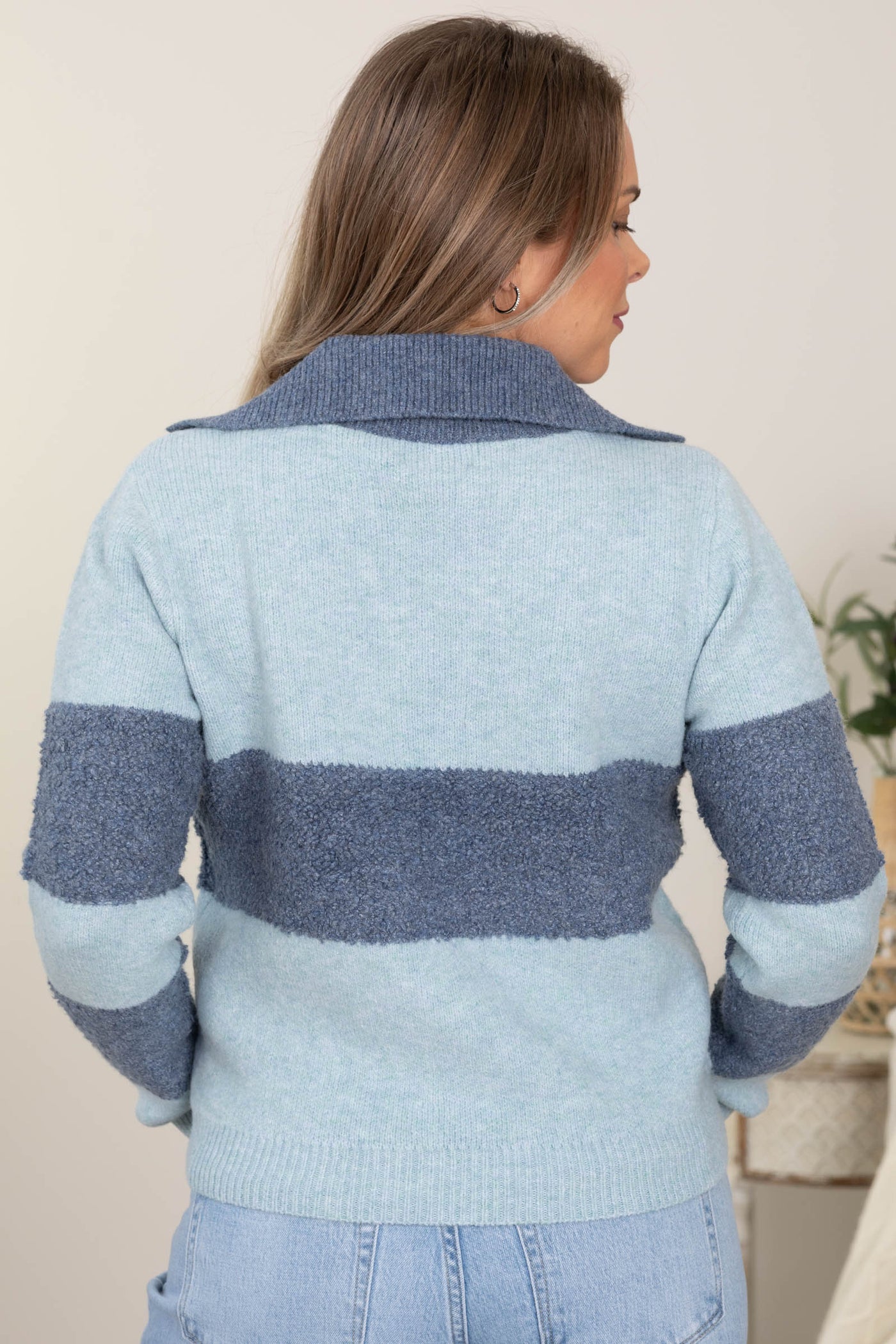 Wool Blend Collared V-Neck Stripe Sweaters