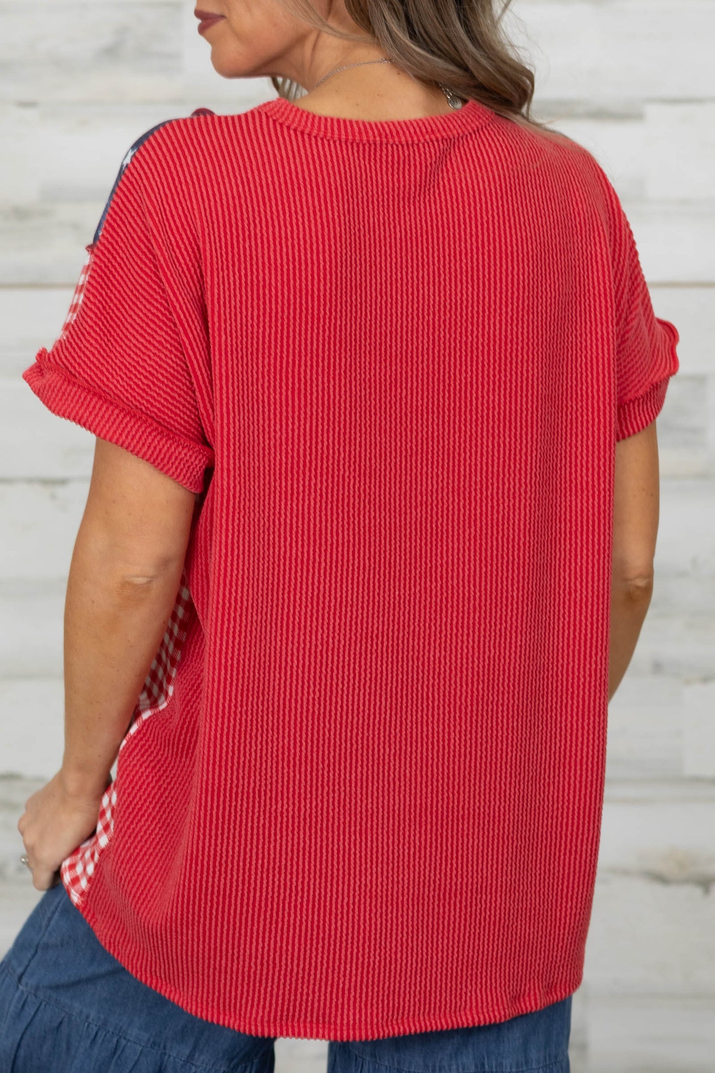 Red Ribbed Contrast Stars And Plaid Knit Top