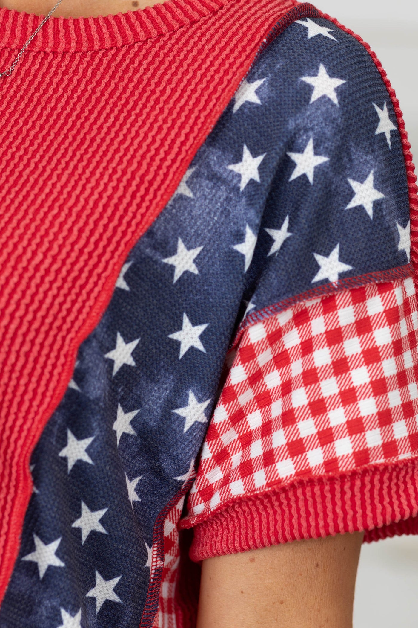 Red Ribbed Contrast Stars And Plaid Knit Top