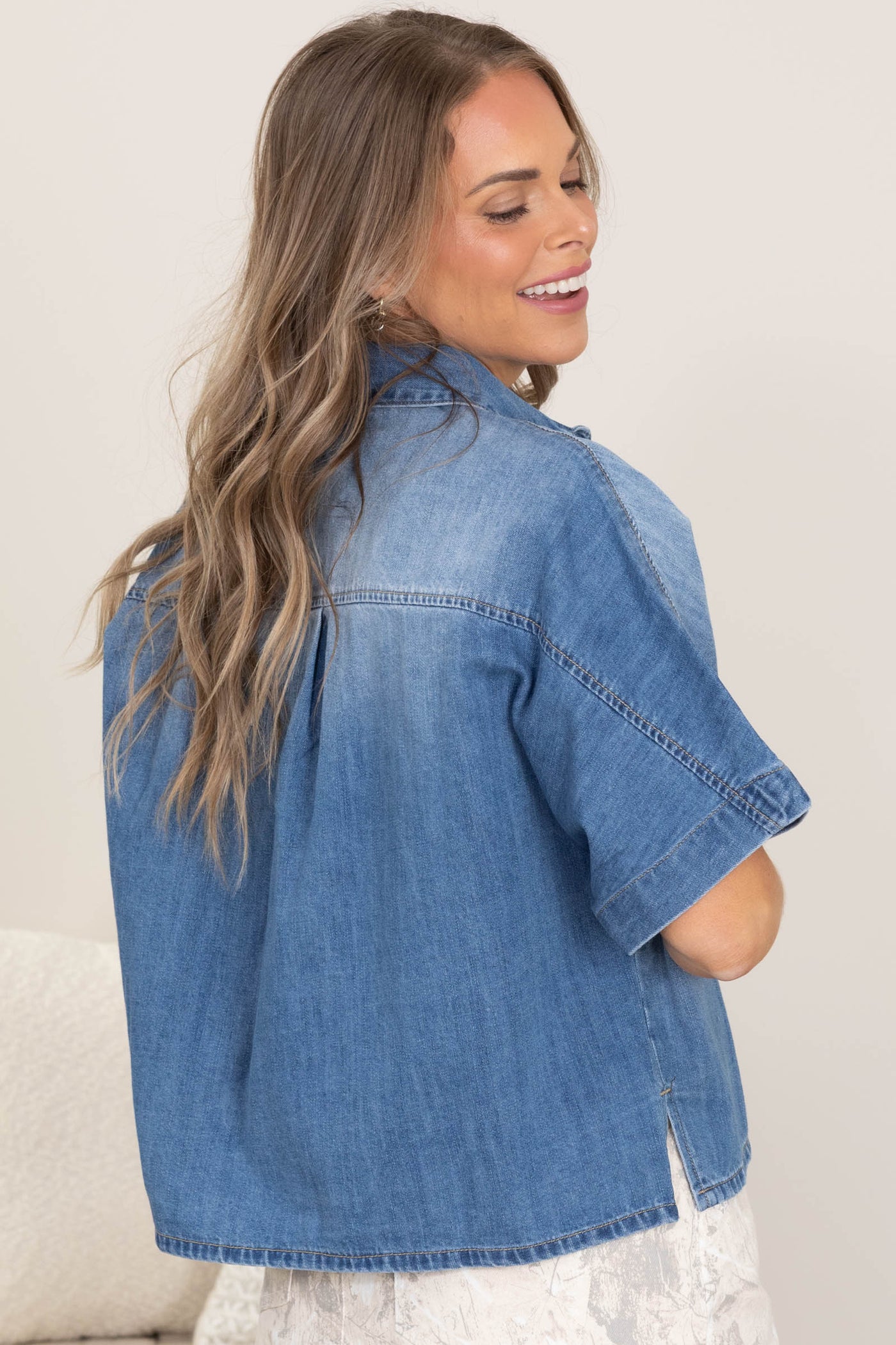 Medium Wash Denim Boxy Button Top