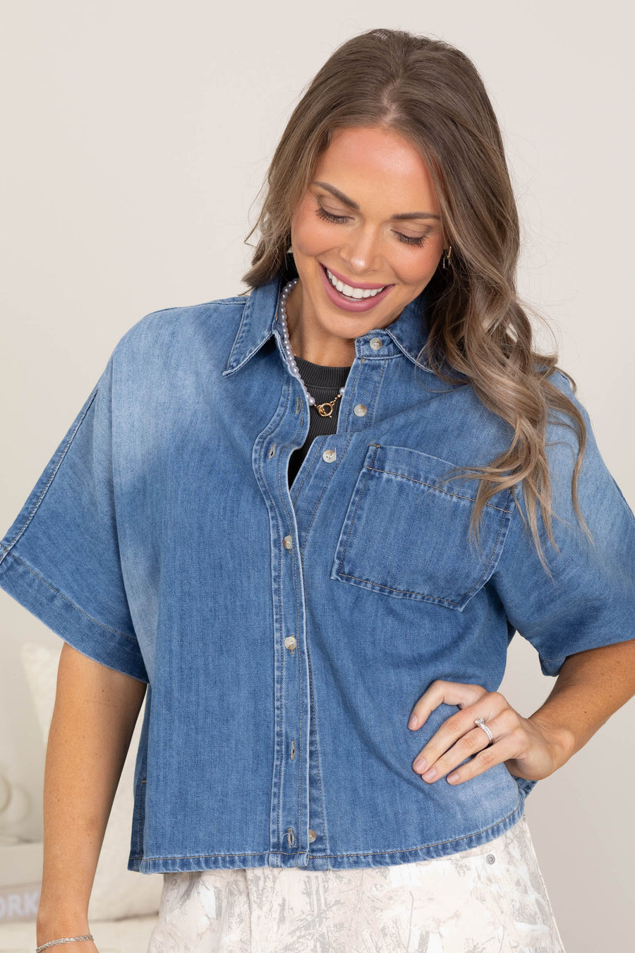 Medium Wash Denim Boxy Button Top