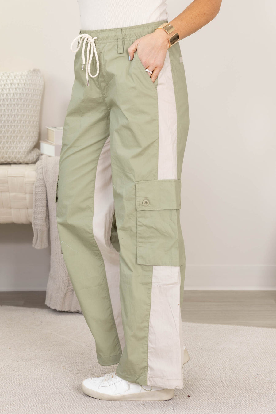 Beige And Sage Cargo Pocket Pants