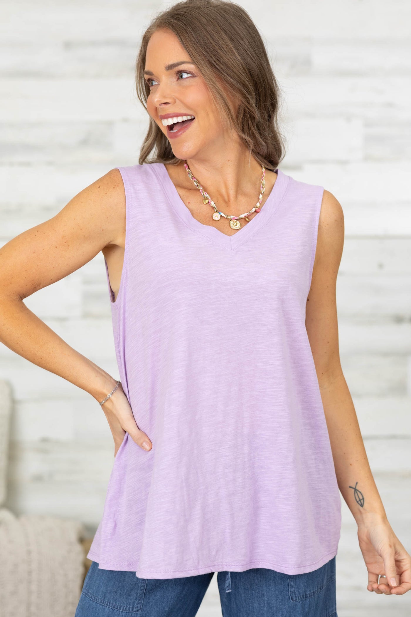 Heather V-Neck Knit Tank Top- 100% Cotton