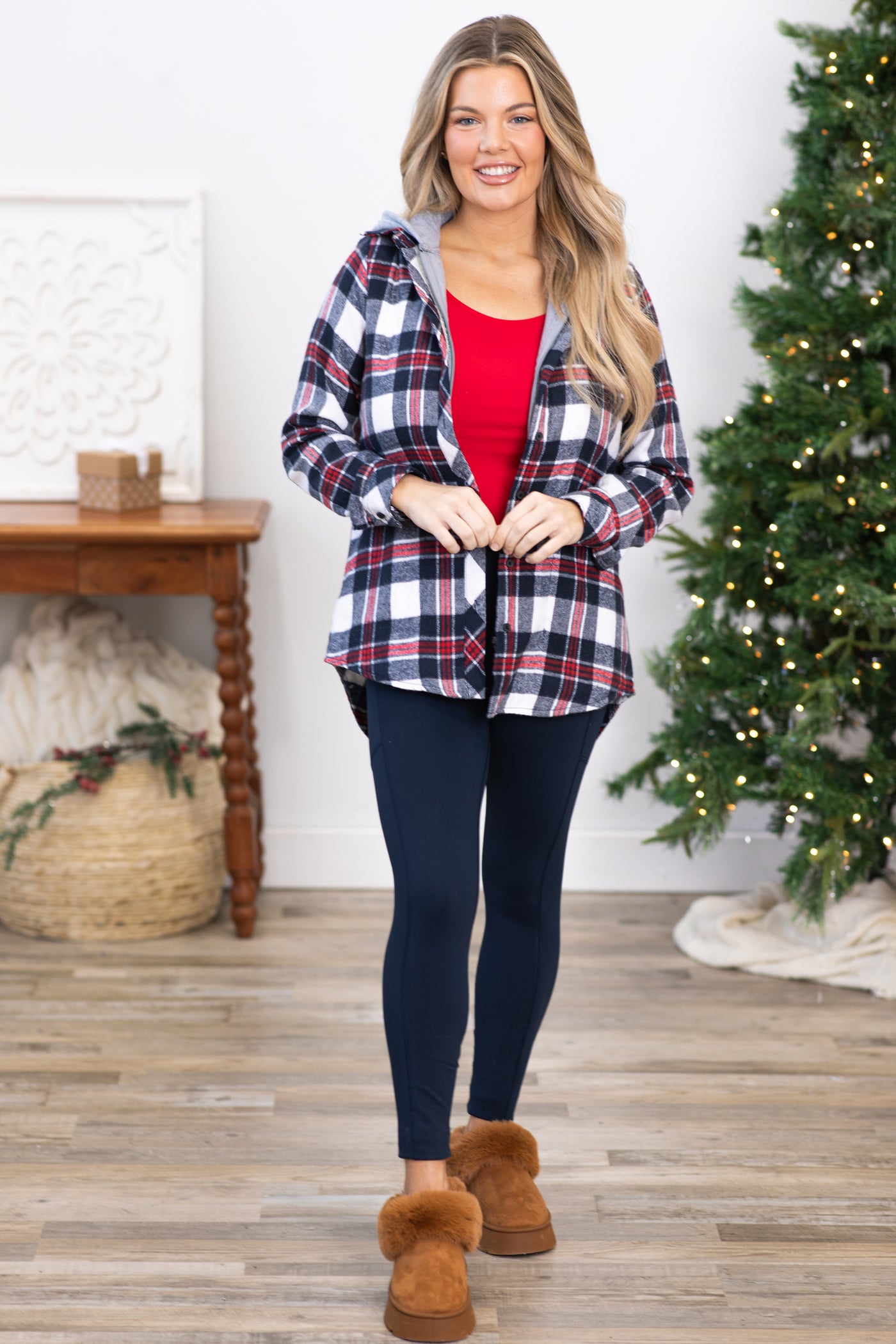 Red and Navy Plaid Jacket With Hood