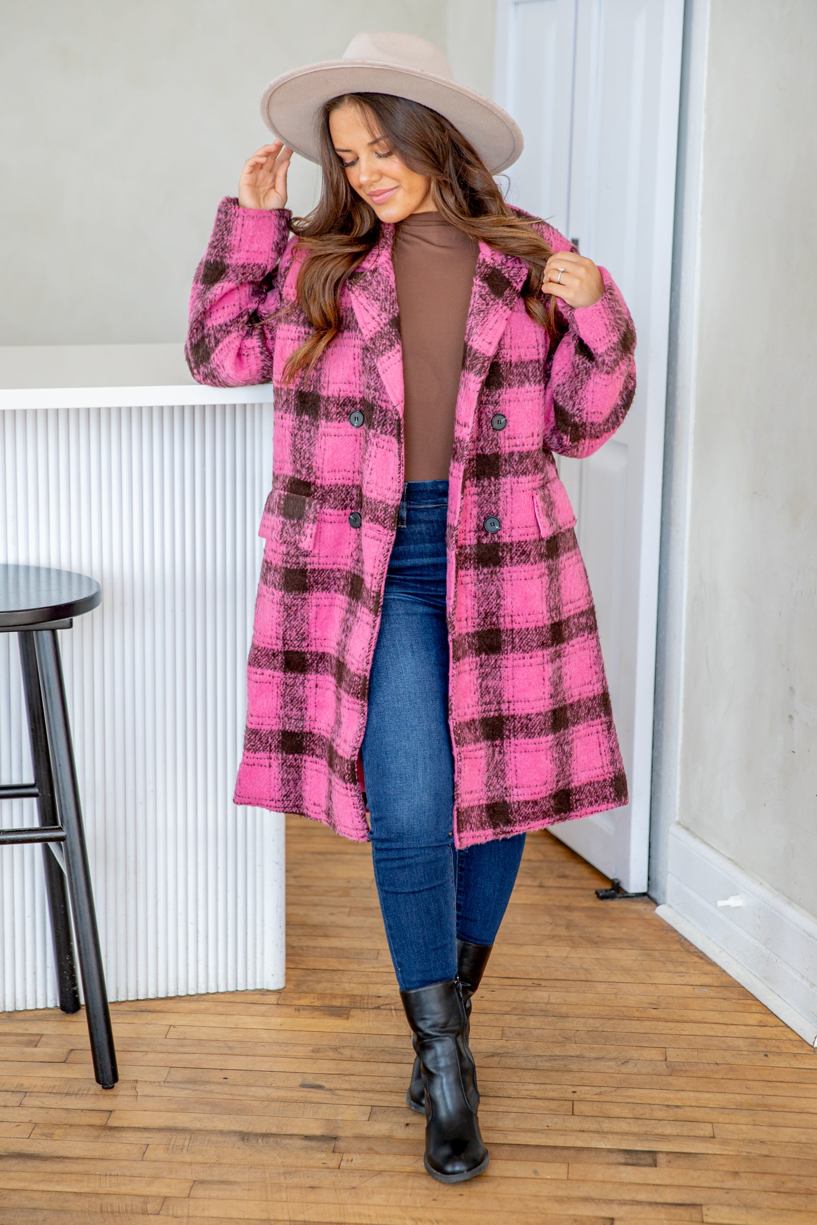 Pink and Brown Plaid Long Jacket