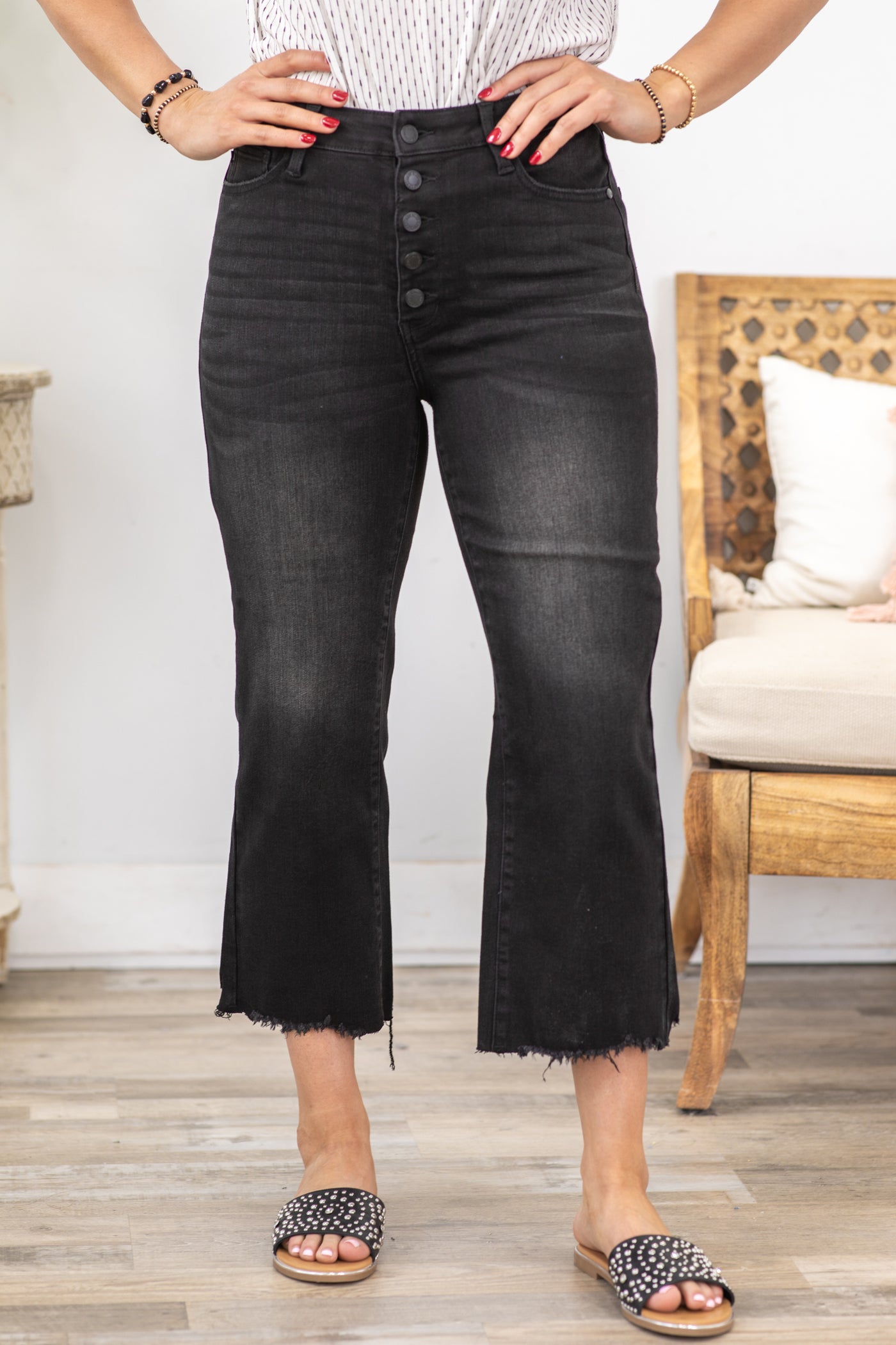 Judy Blue Black Raw Hem Crop Wide Leg Jeans