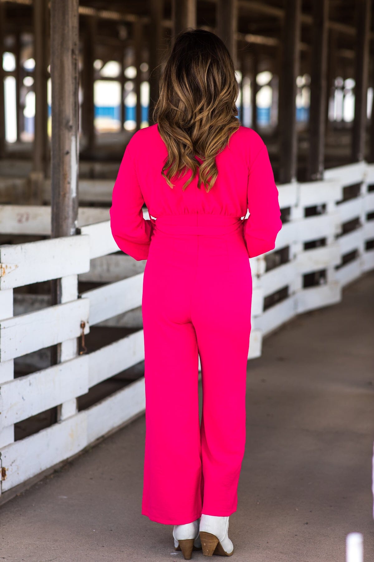 Hot Pink Long Sleeve Self Tie Waist Jumpsuit - Filly Flair