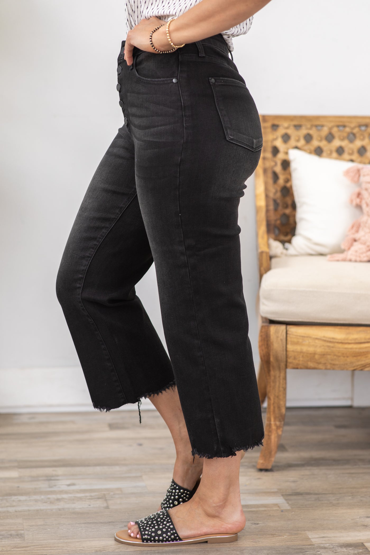 Judy Blue Black Raw Hem Crop Wide Leg Jeans