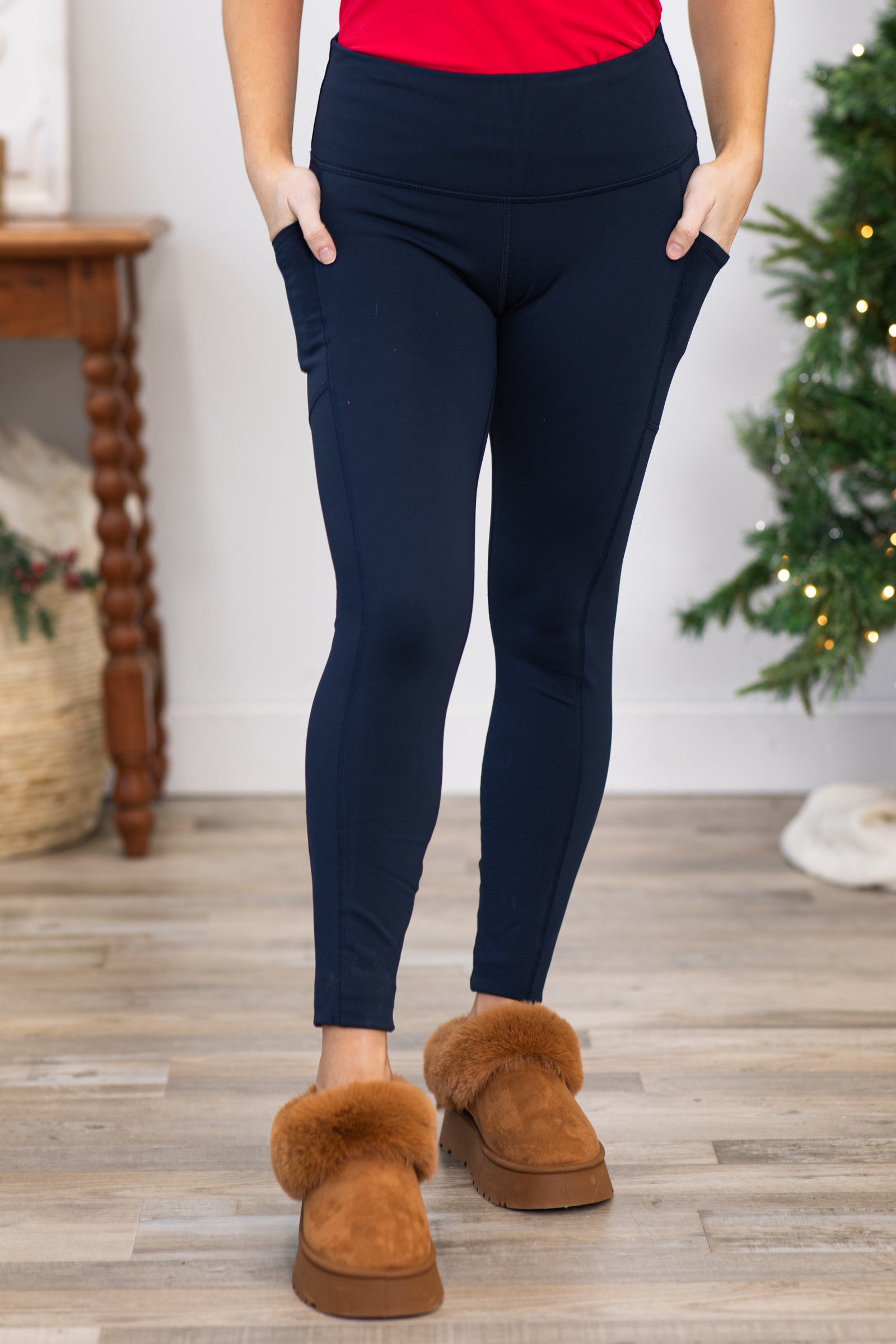 Navy Fleece Lined Leggings With Pockets