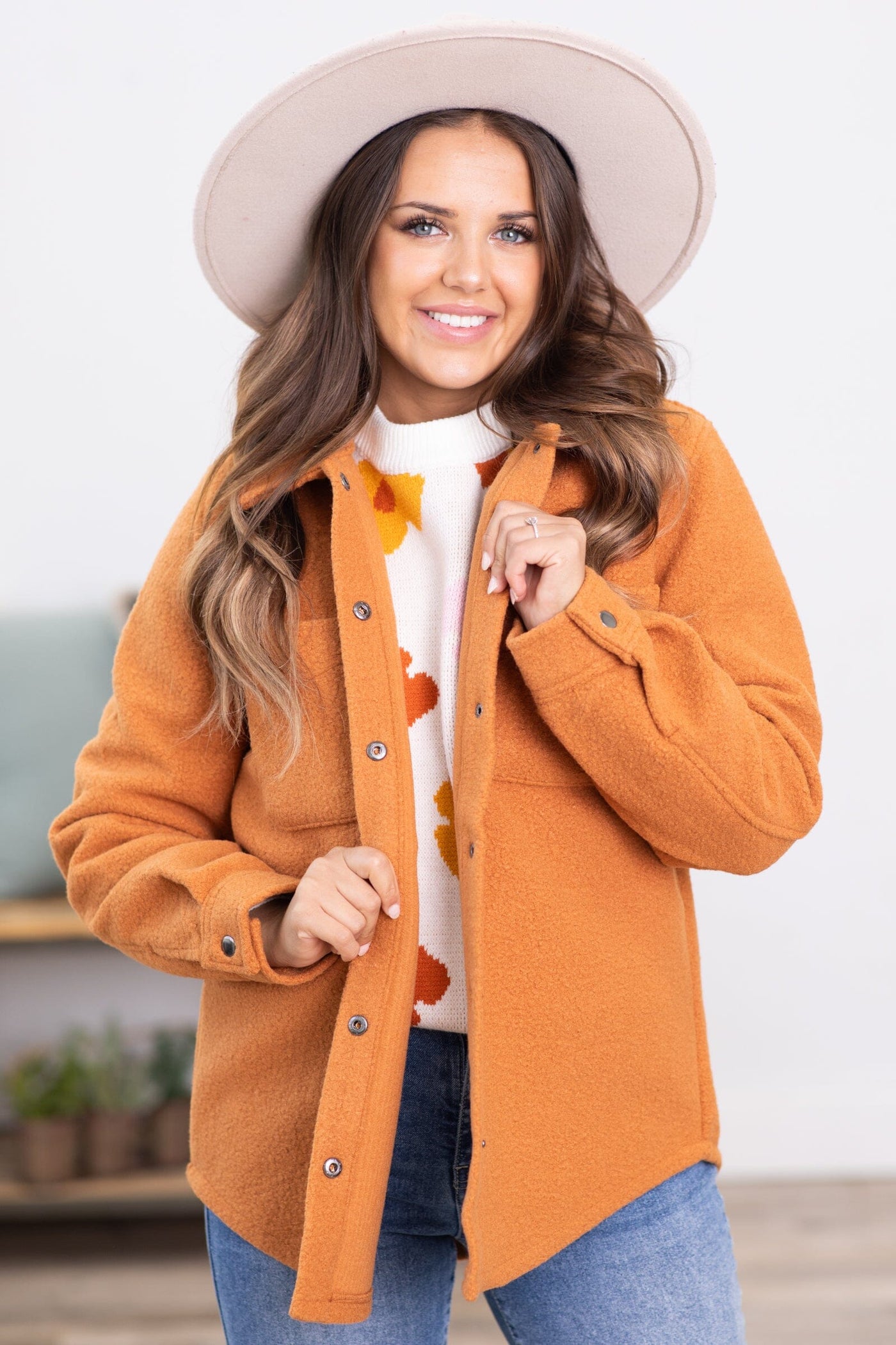 Burnt Orange Textured Snap Front Shacket - Filly Flair