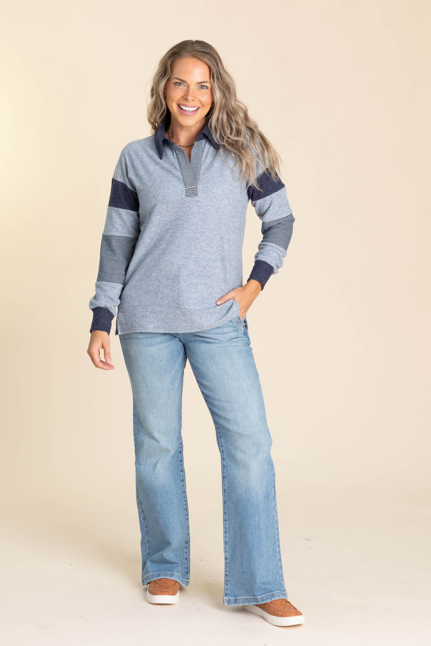 Colorblock Hacci Brushed Long Sleeve Knit Top