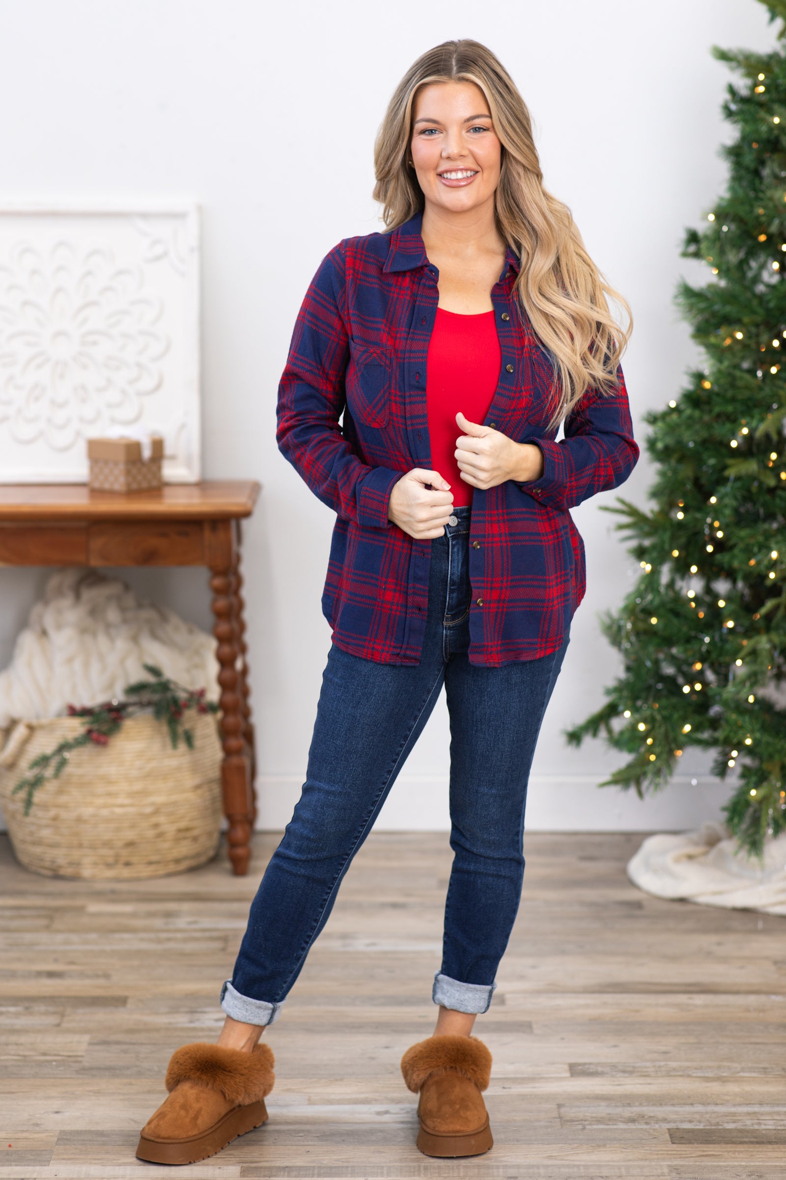Navy and Red Plaid Flannel Button Up