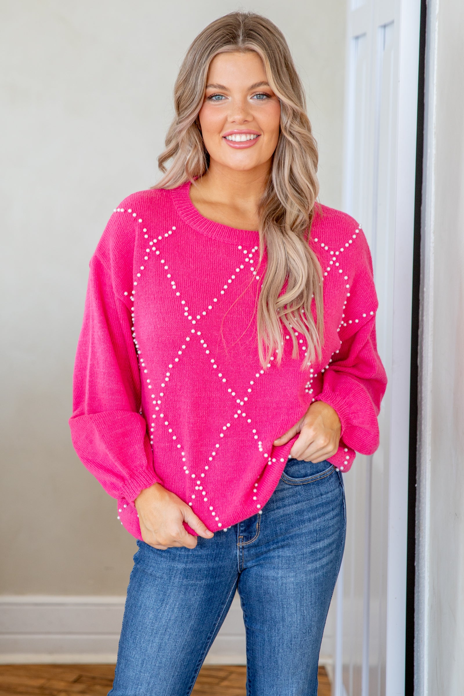 Women Pink Fleece Fur Pearl Detail Sweatshirt
