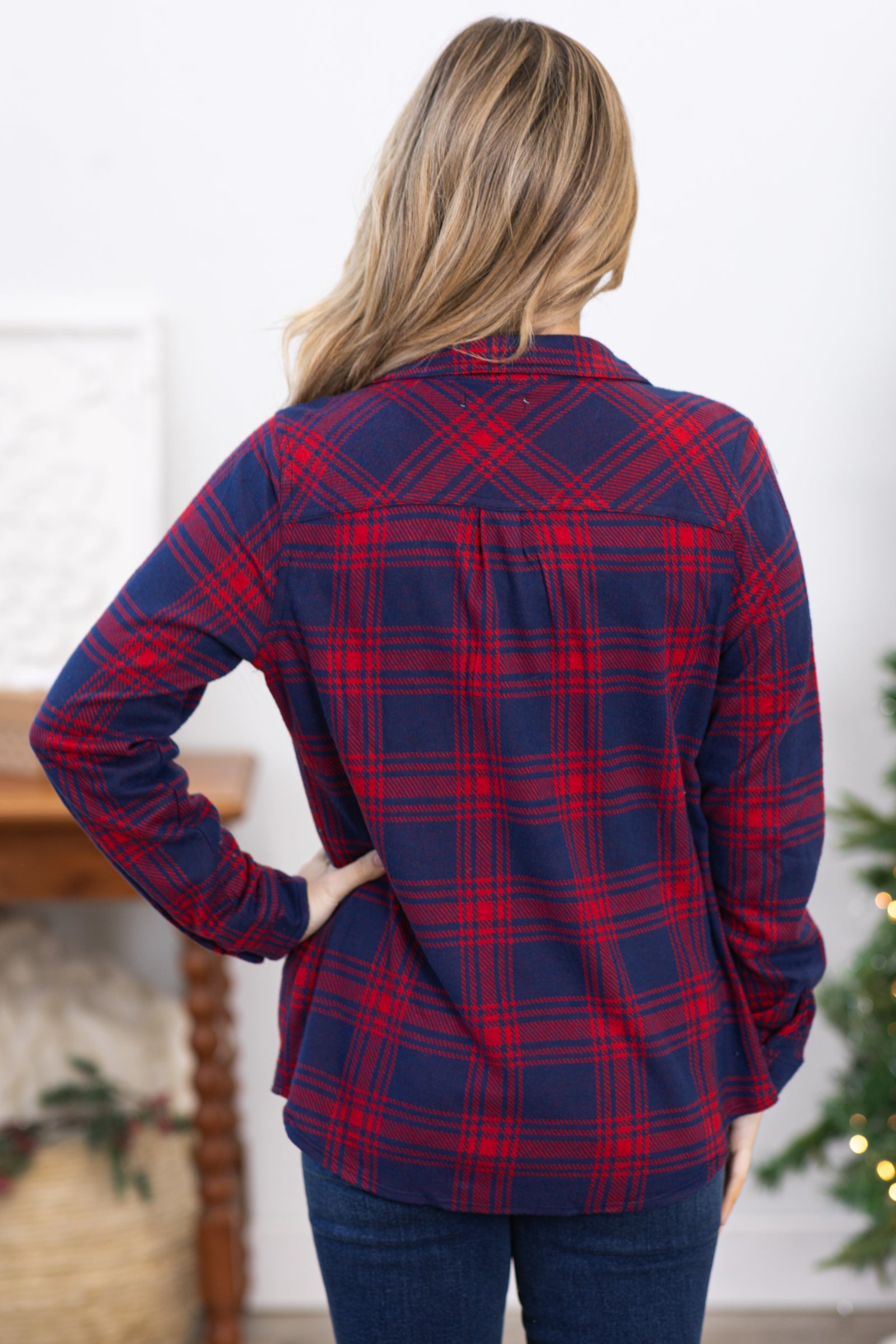 Navy and Red Plaid Flannel Button Up