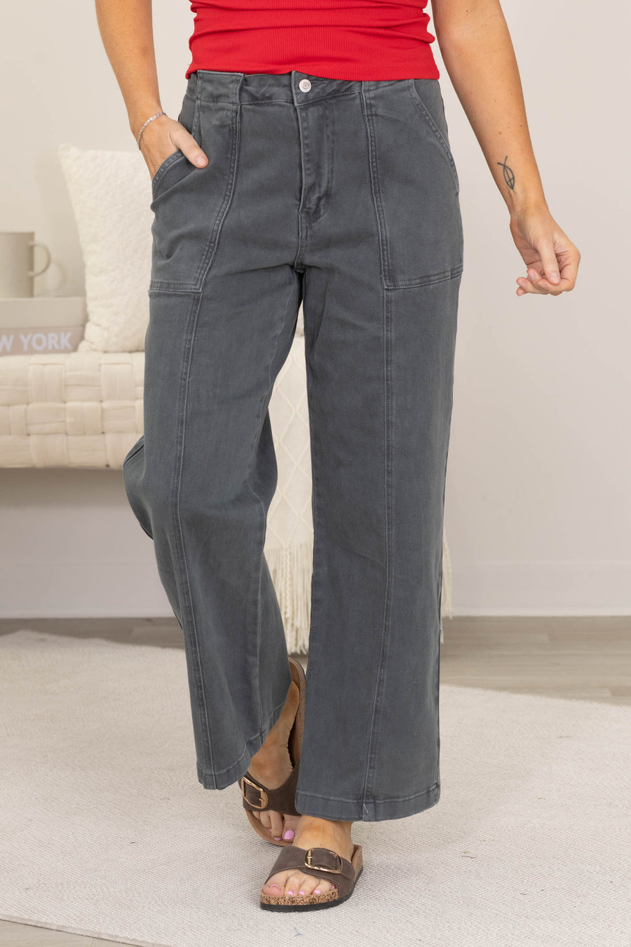 Straight Leg Utility Pocket Color Denim Pants