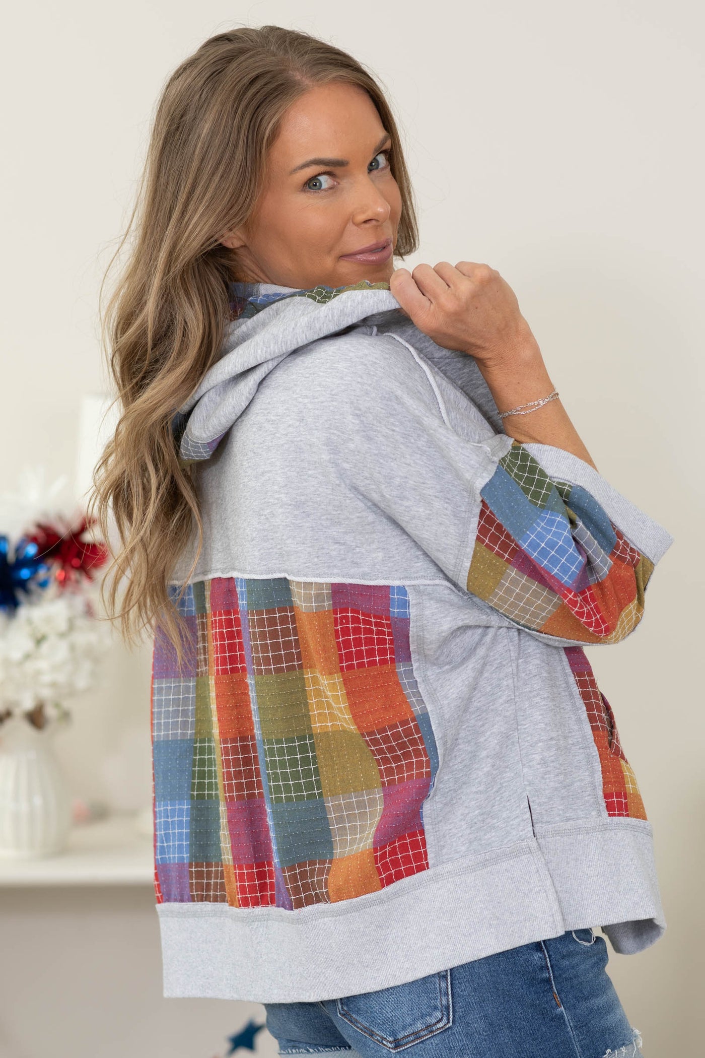 Heather Grey Zip Up With Multicolor Checker