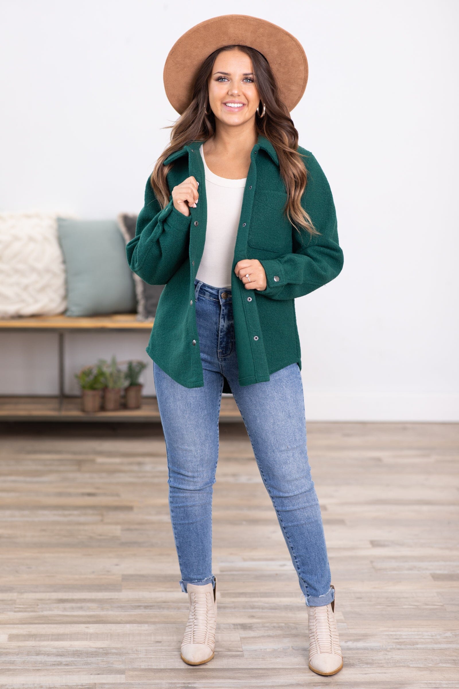 Emerald Green Textured Snap Front Shacket - Filly Flair