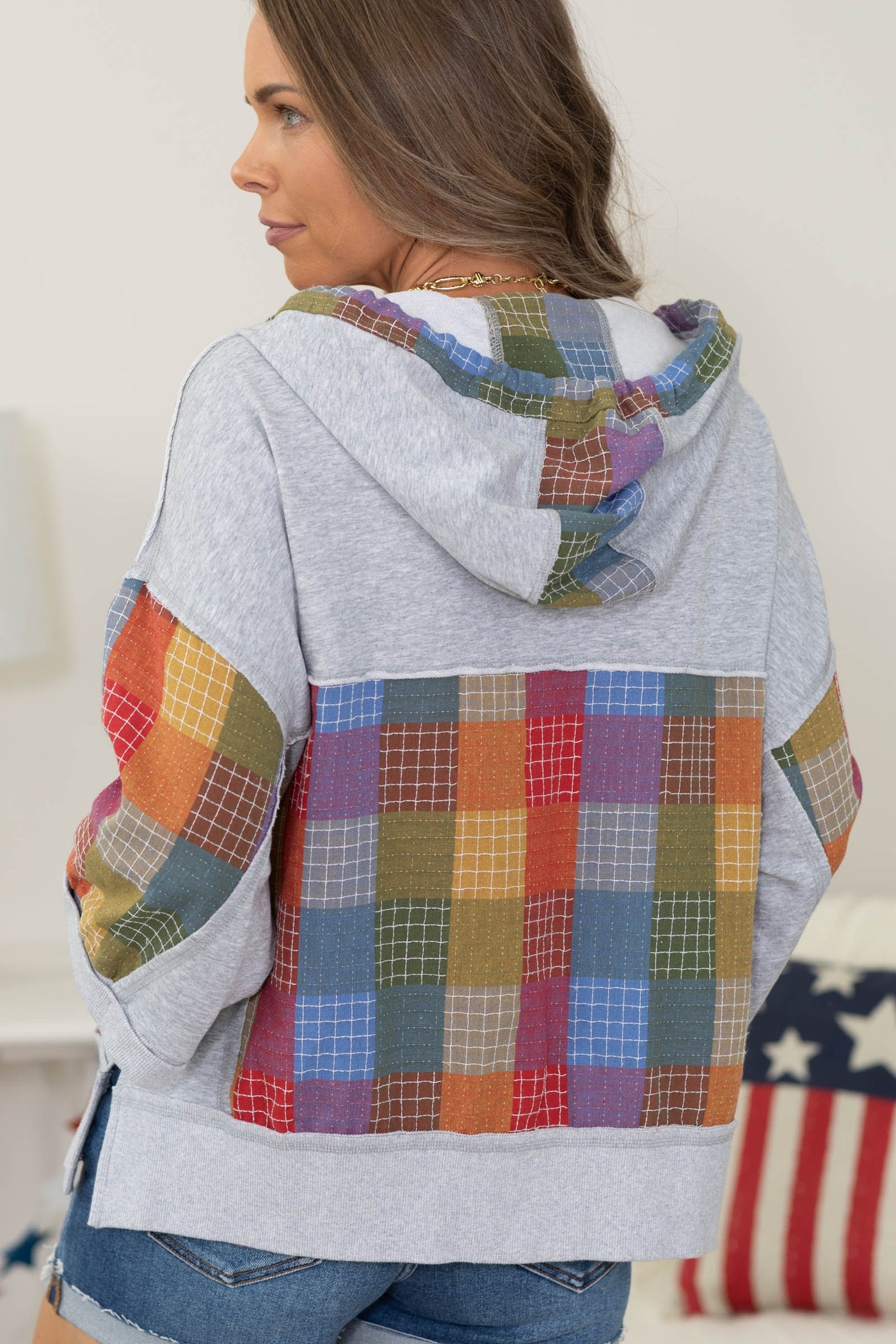 Heather Grey Zip Up With Multicolor Checker