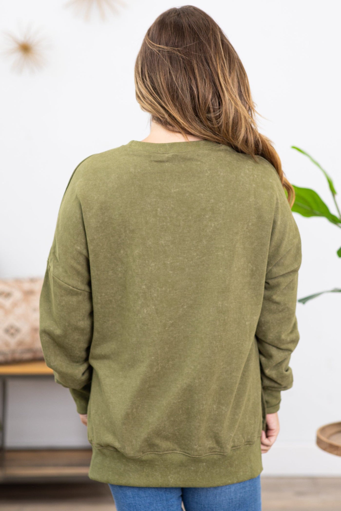 Olive Washed Drop Shoulder Sweatshirt - Filly Flair