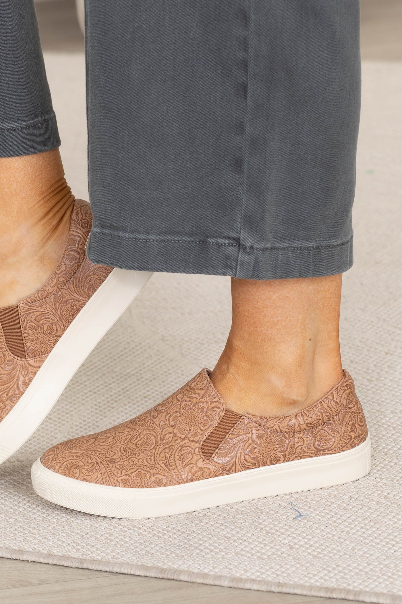 Tan Engraved Floral Slip On