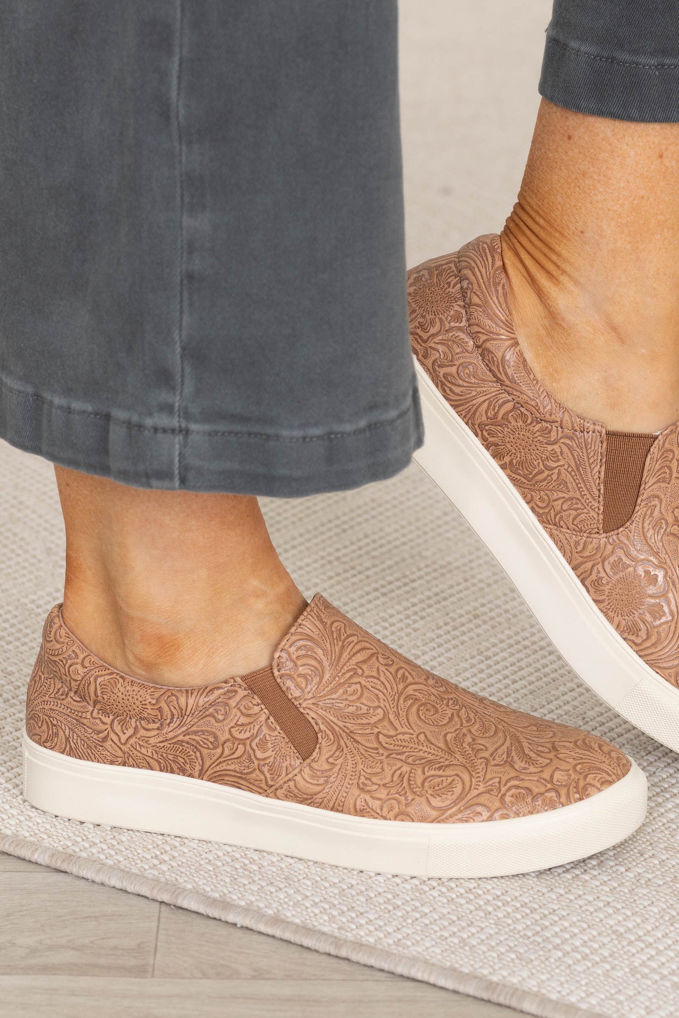 Tan Engraved Floral Slip On