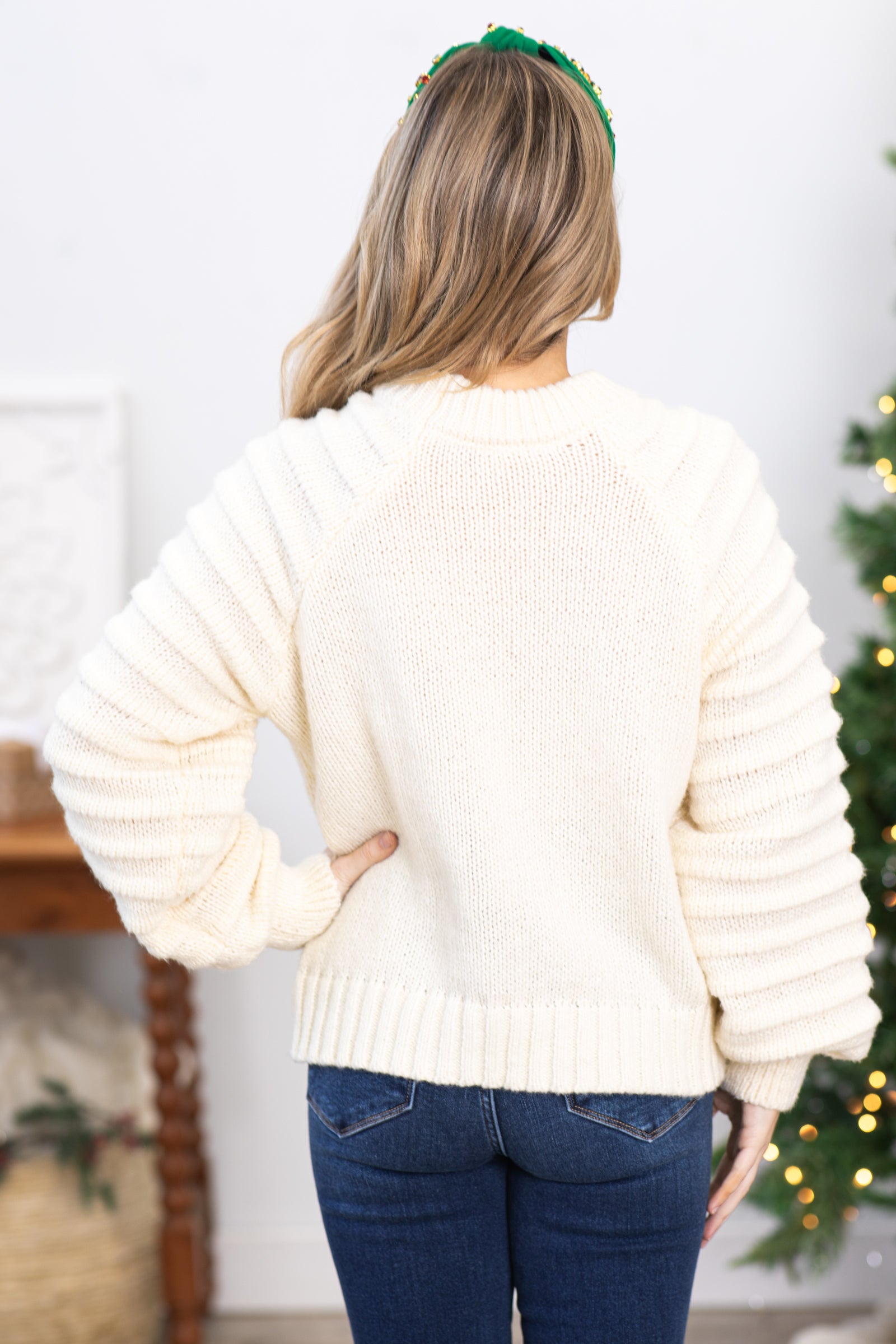 Cream Textured Sleeve Round Neck Sweater