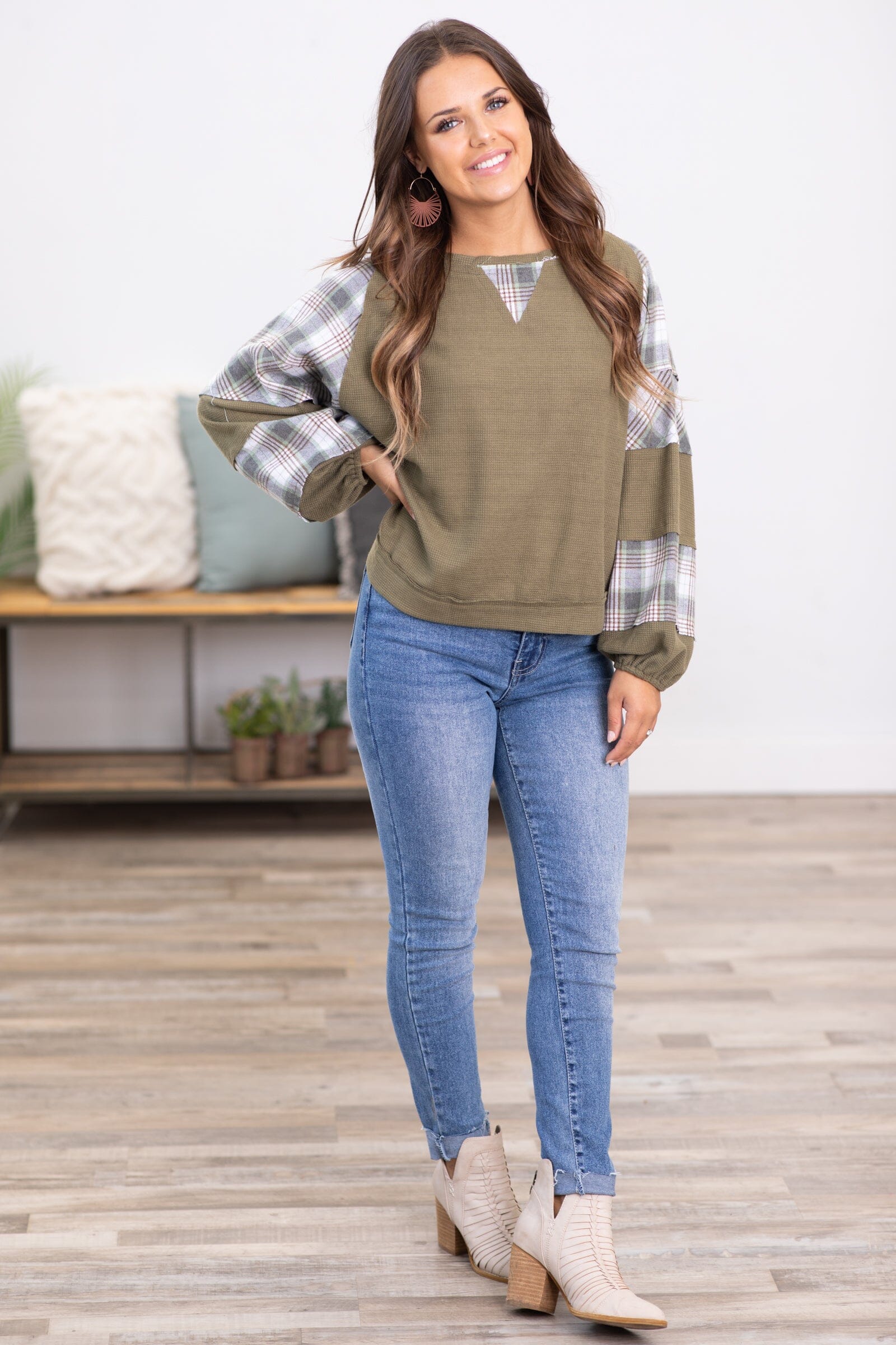 Olive Top With Plaid Sleeve Detail - Filly Flair