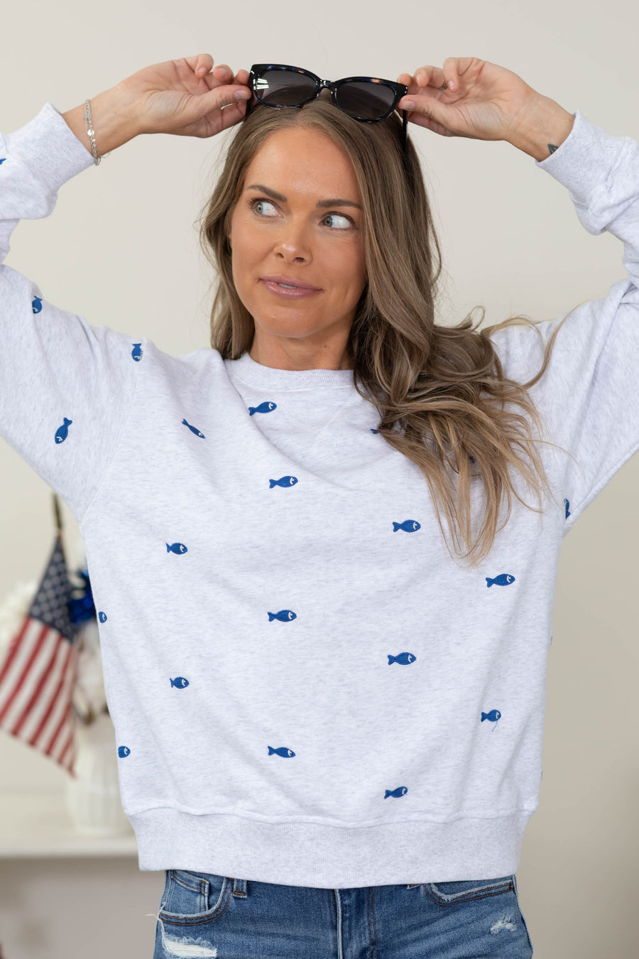 Heather Grey With Blue Fish Crewneck Sweatshirt