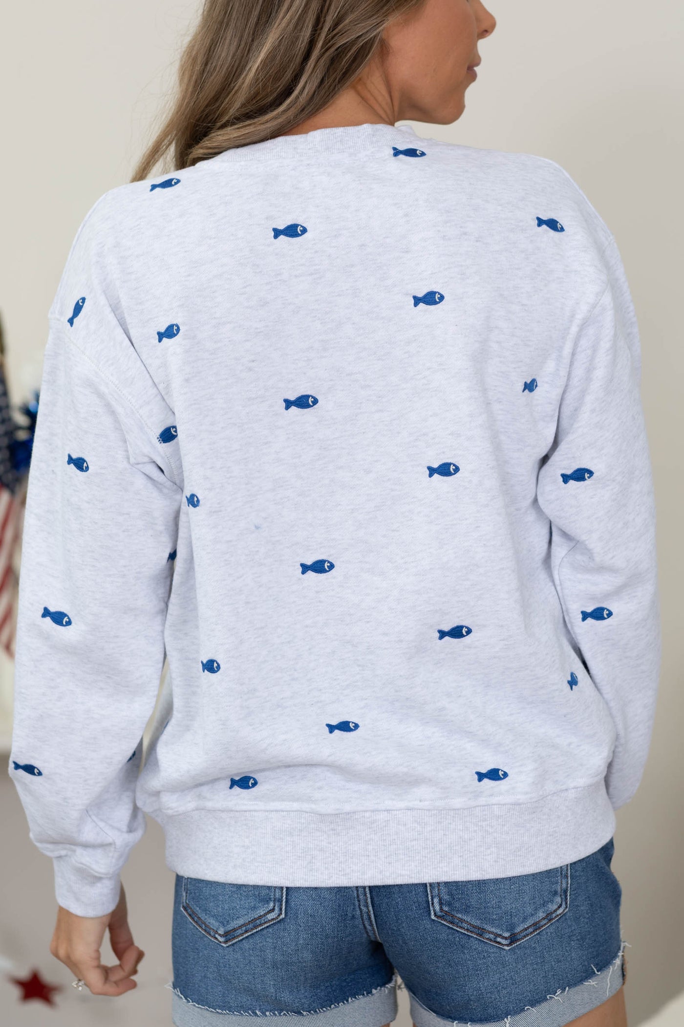 Heather Grey With Blue Fish Crewneck Sweatshirt