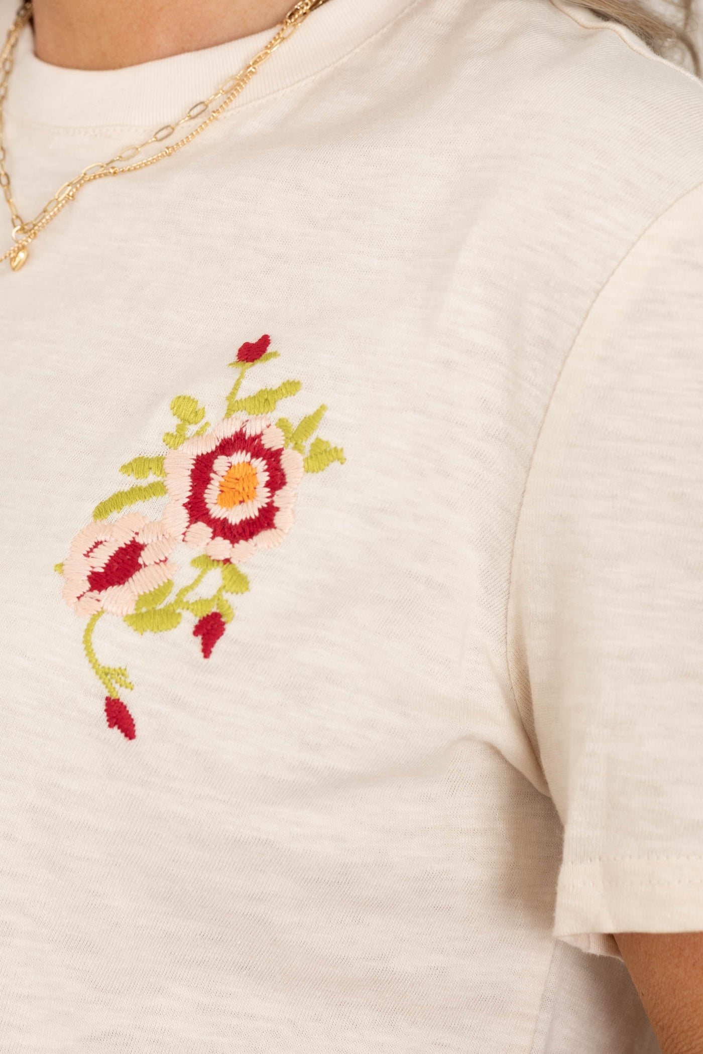Beige Embroidery Floral Knit Tee