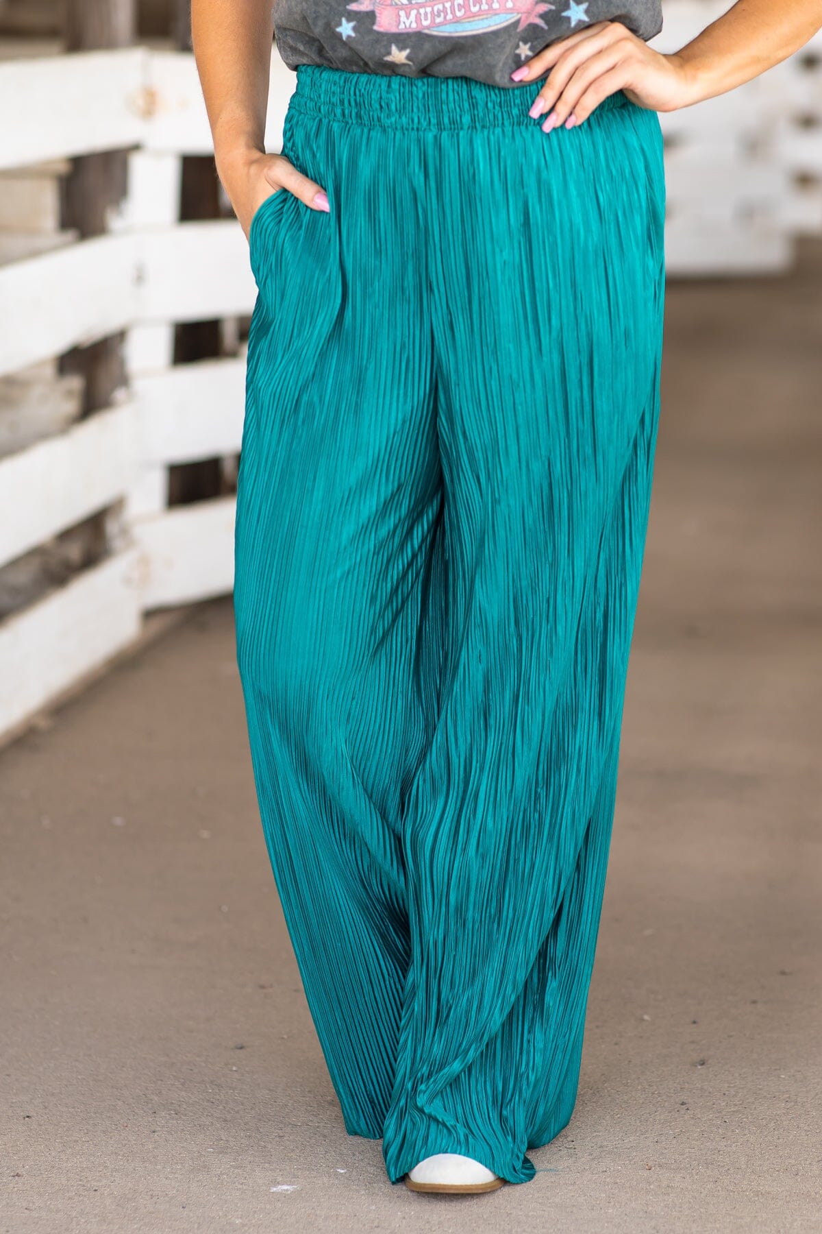 Turquoise Crystal Pleat Wide Leg Pants - Filly Flair