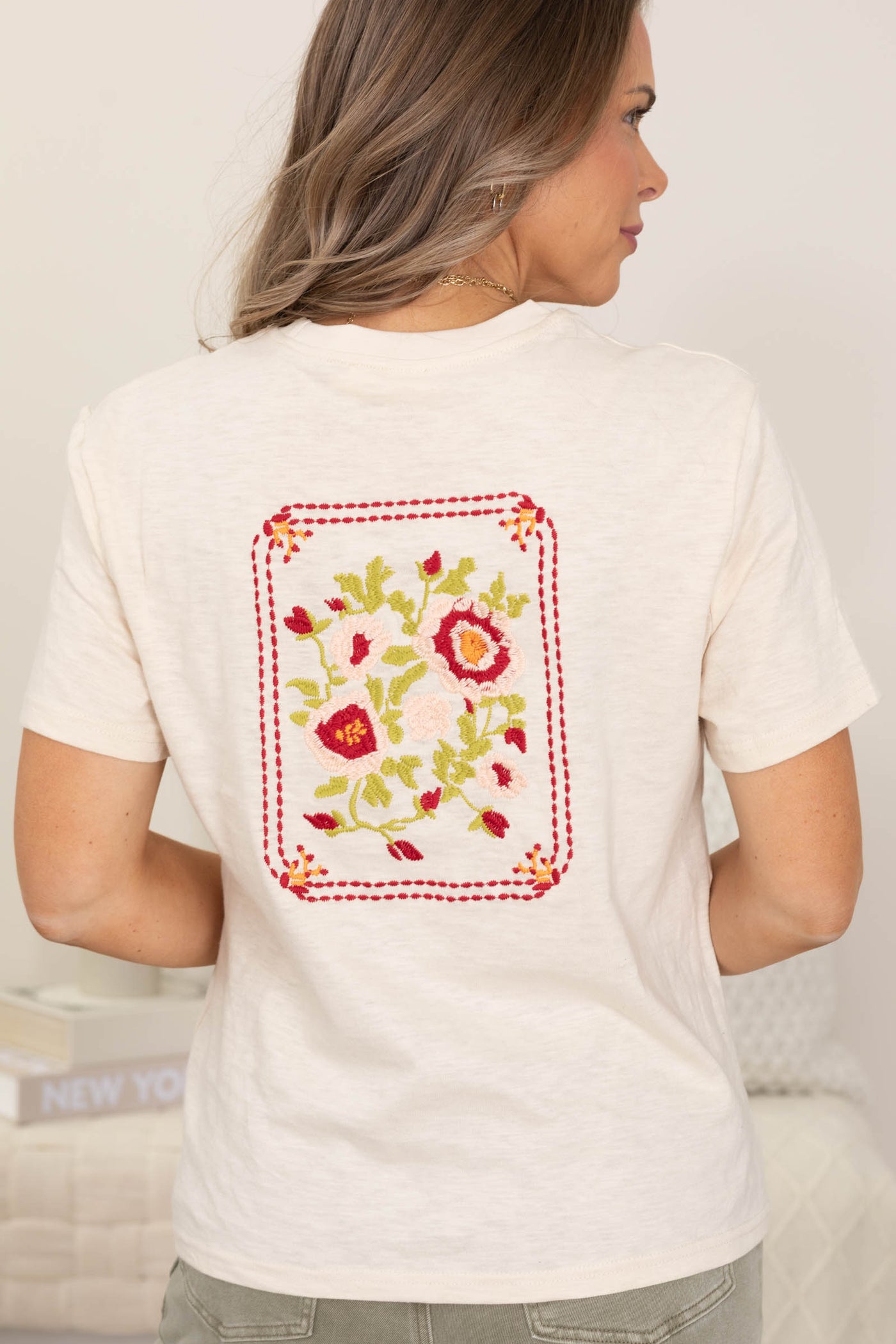 Beige Embroidery Floral Knit Tee