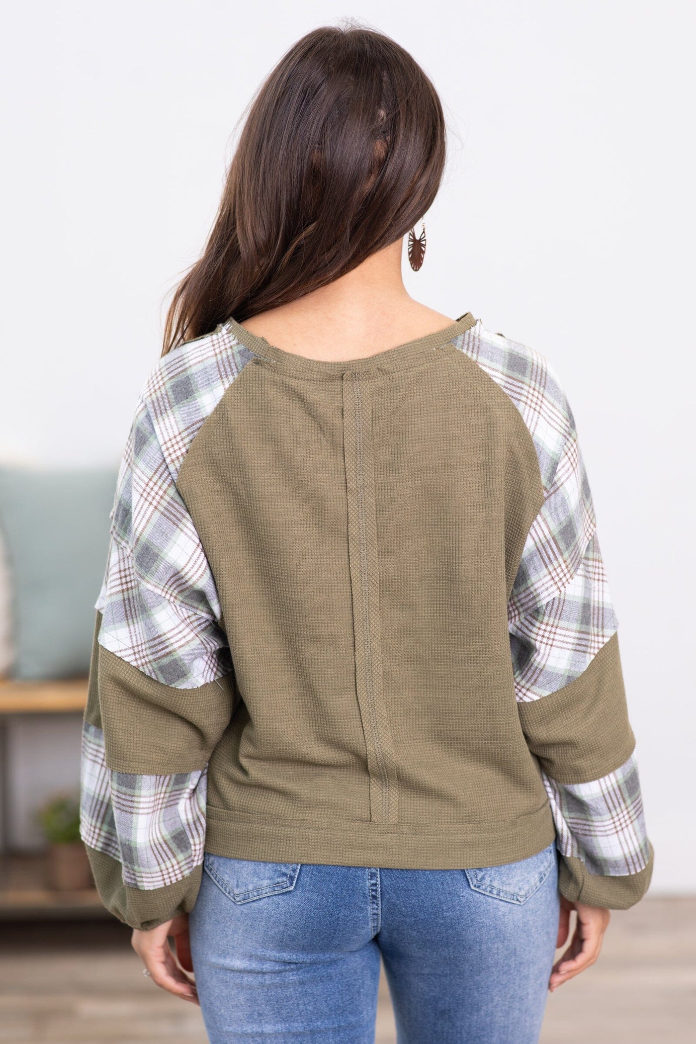 Olive Top With Plaid Sleeve Detail - Filly Flair