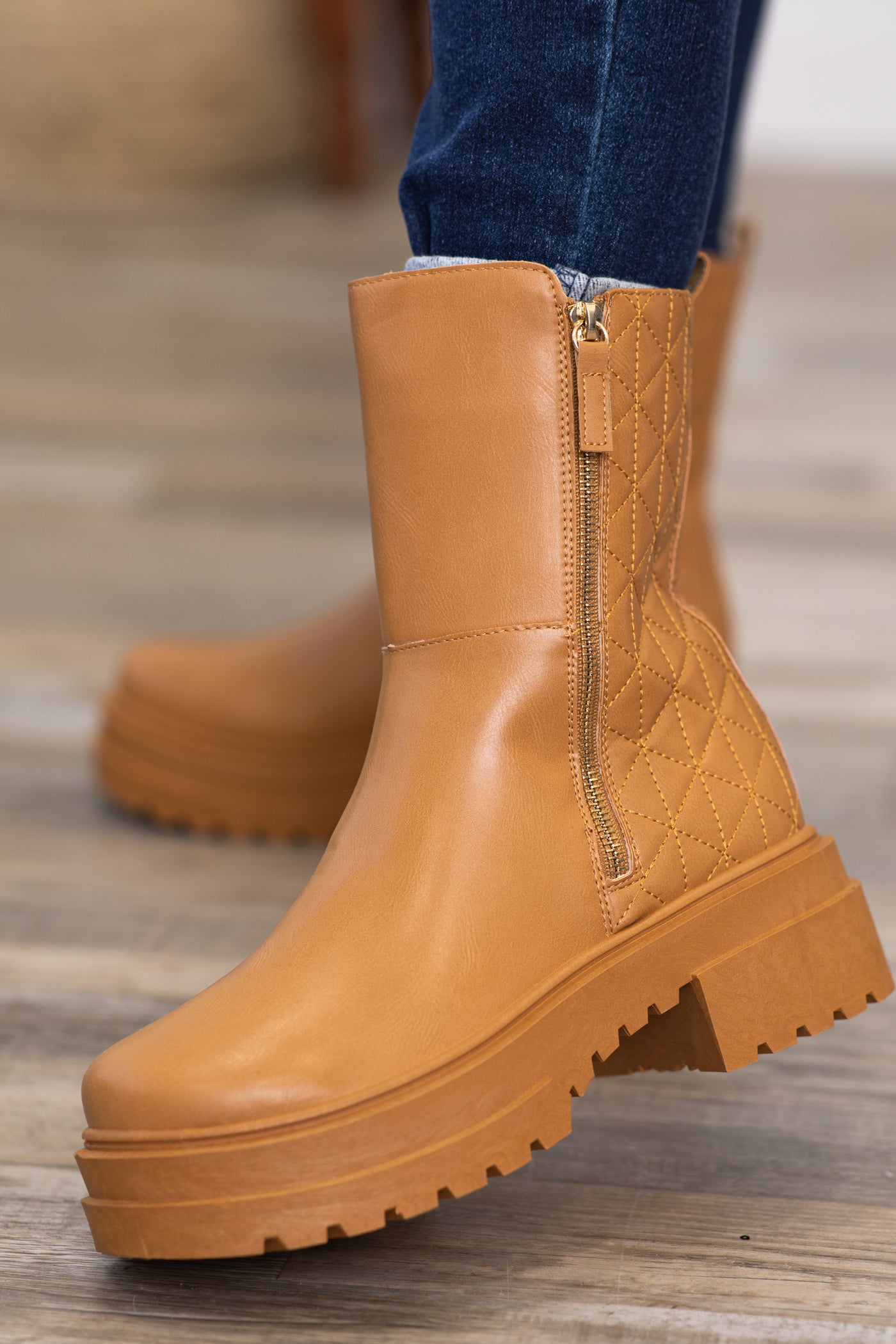 Camel Lug Sole Quilted Detail Boots