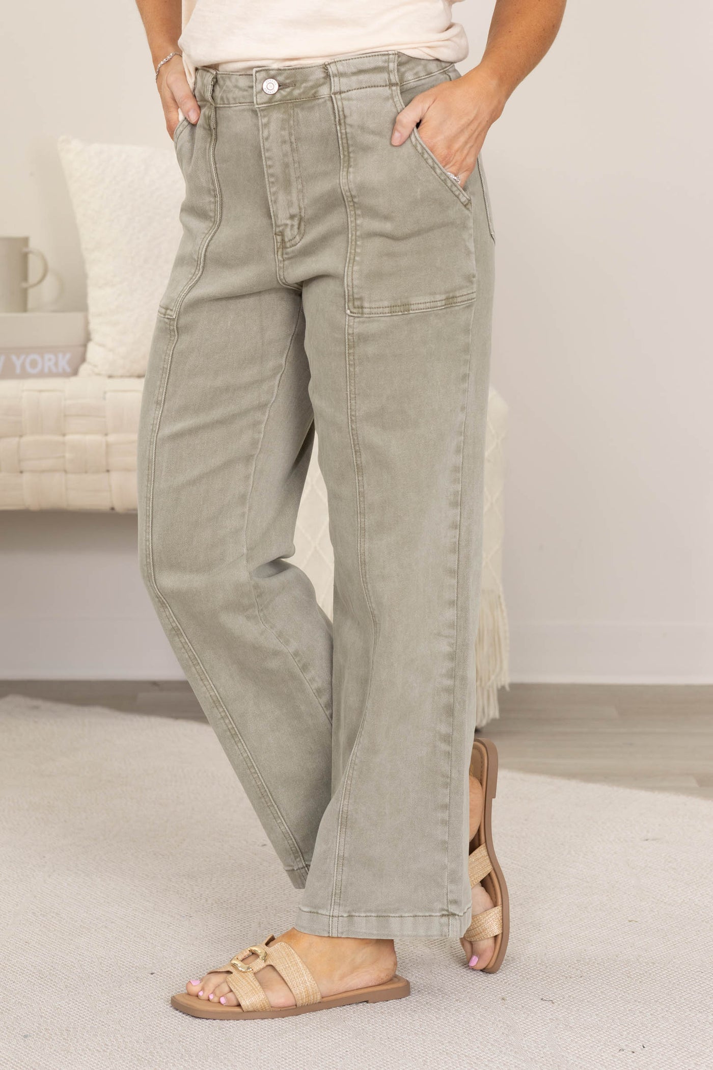 Straight Leg Utility Pocket Color Denim Pants