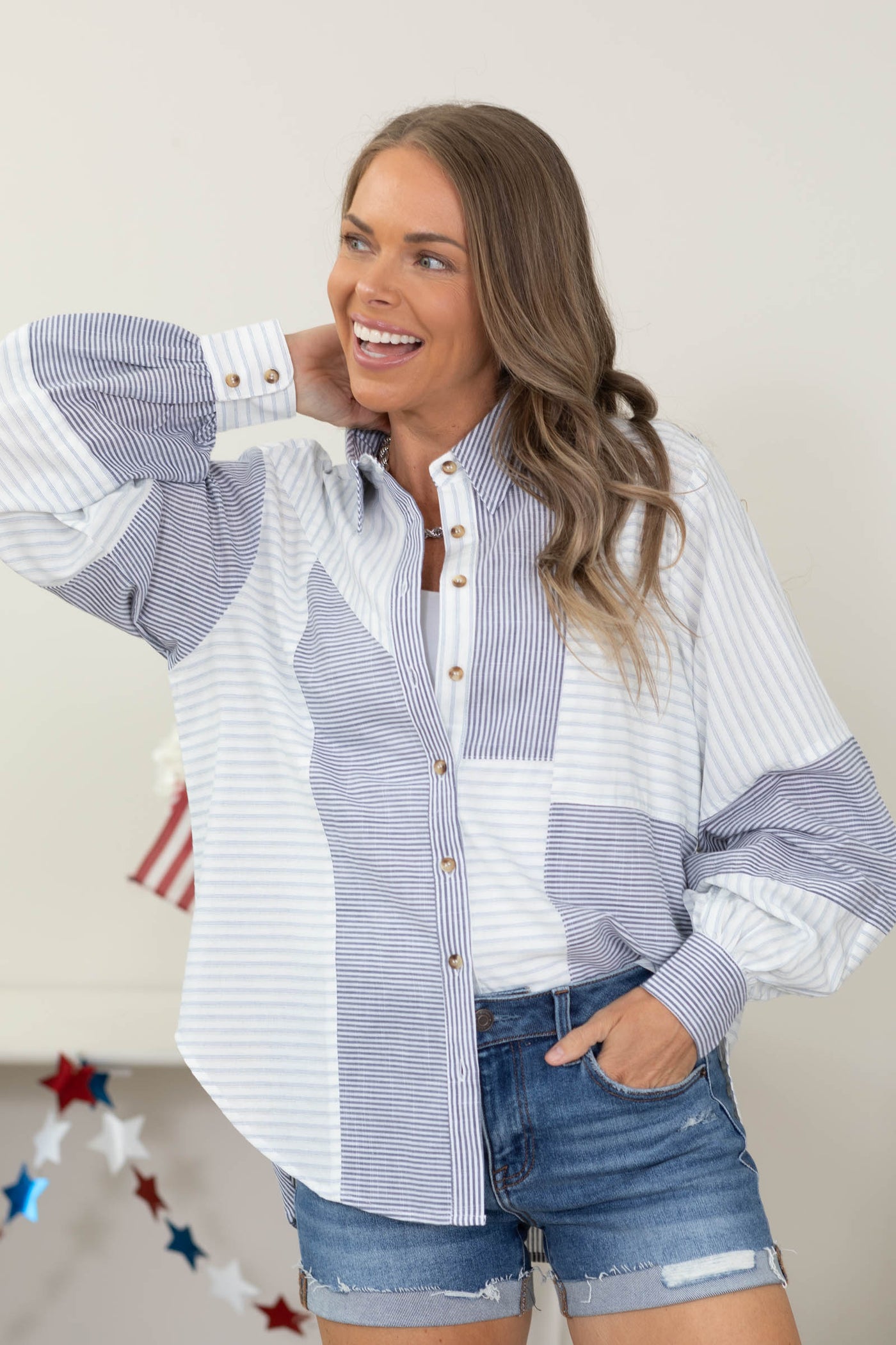 White And Navy Stripe Mixed Button Down Top