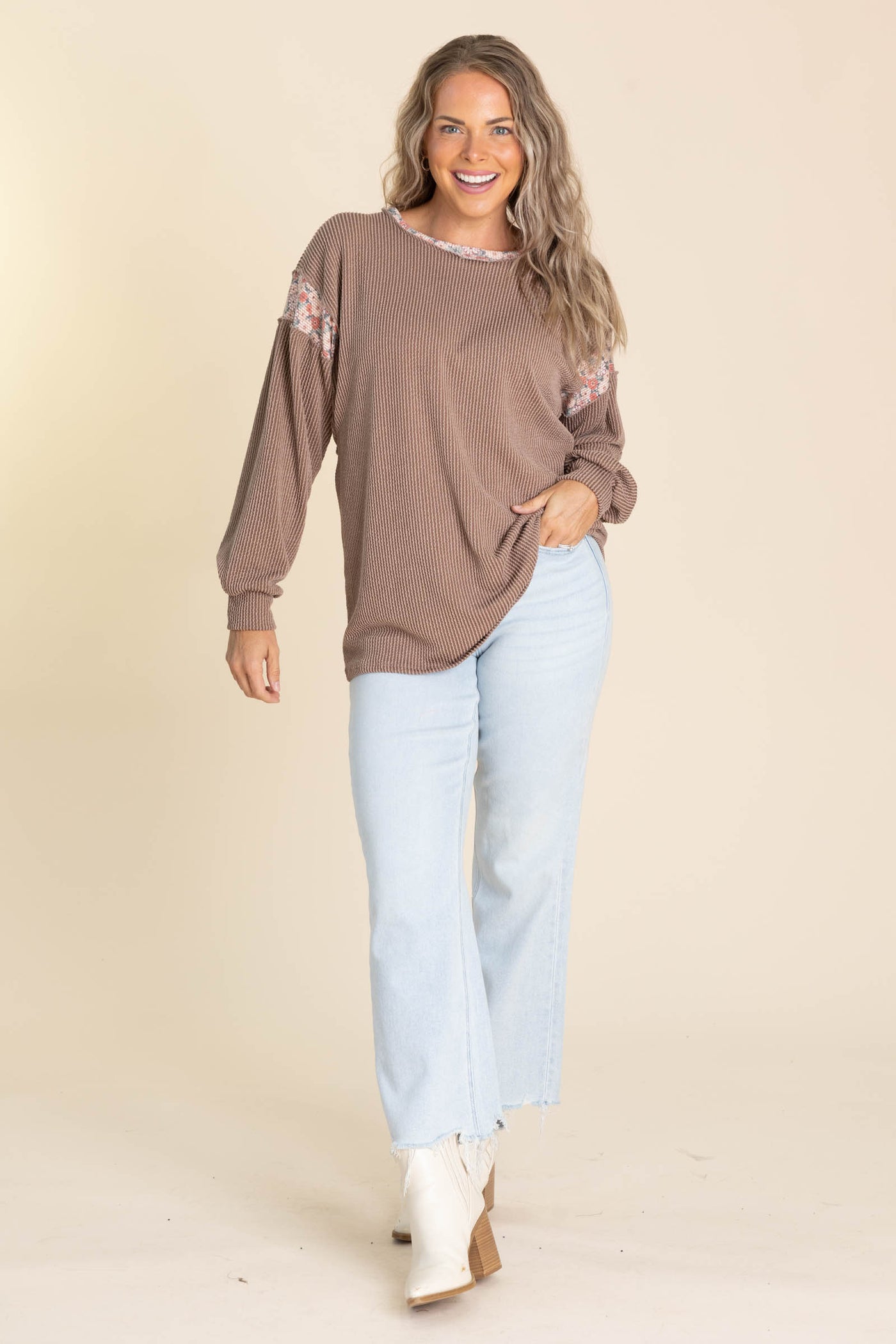 Long Sleeve Oversized Ribbed Floral Knit Top