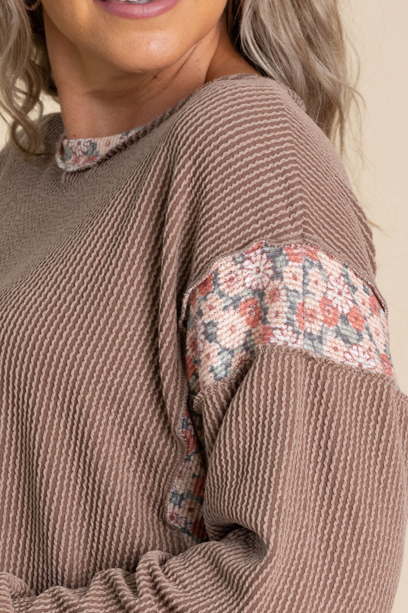 Long Sleeve Oversized Ribbed Floral Knit Top