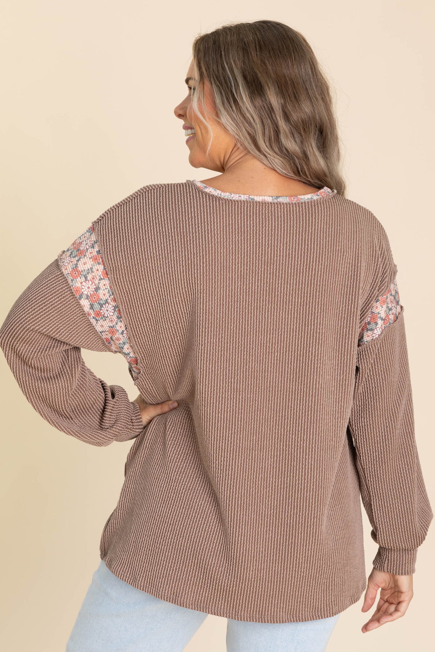 Long Sleeve Oversized Ribbed Floral Knit Top