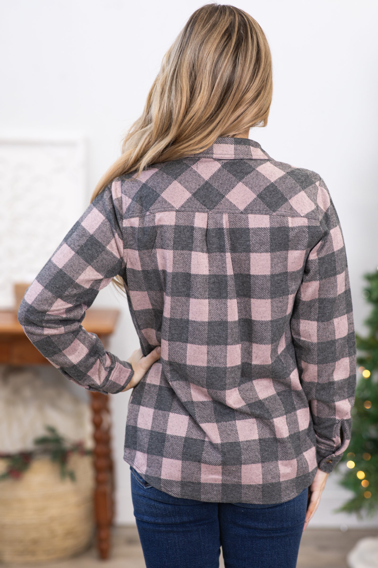 Grey and Pink Plaid Flannel Button Up Top