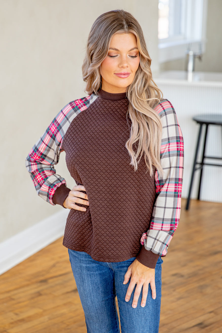 Brown Textured Top With Plaid Sleeves